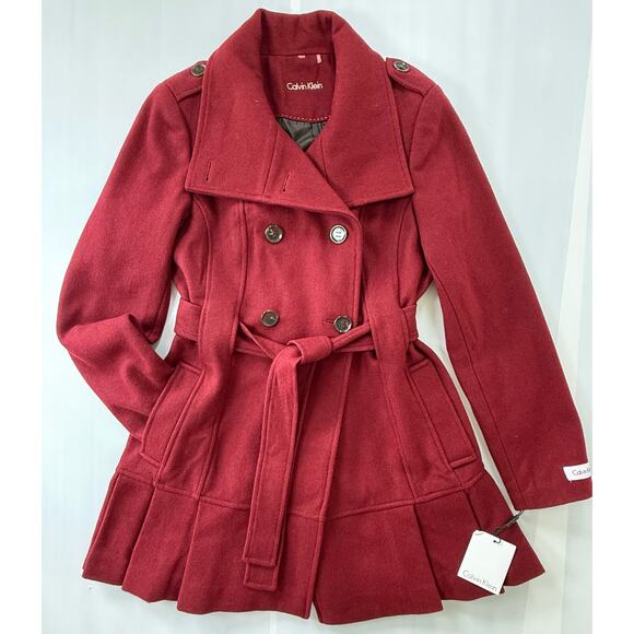 NEW CALVIN KLEIN Sz 2 Skirted Wool Trench Coat Pleated Double Breast Burgundy - Picture 2 of 9